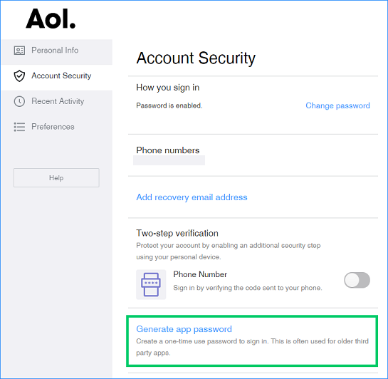 AOL settings on the website