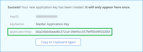 Generated key to create a connection to the Backblaze cloud in Handy Backup