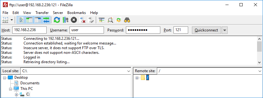 Testing STFP connection with FileZilla client application