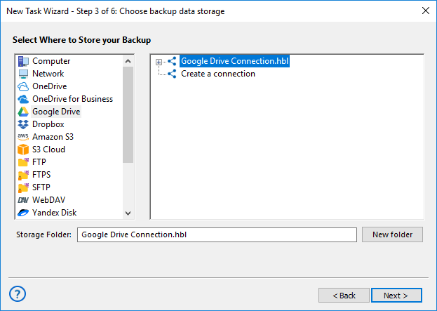 Choose backup data storage Google Drive