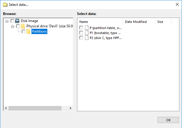 Selecting data of the Disk Image plug-in