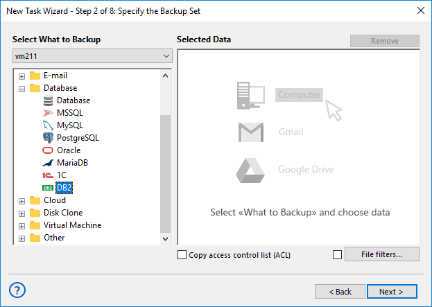 Specify the backup set - select DB2