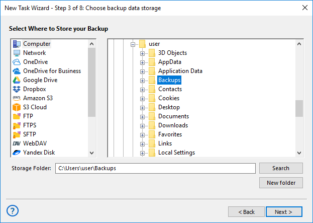 Select Backup Storage for Advanced mode