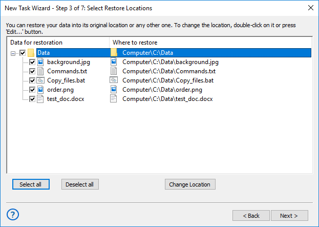 Selecting restore locations for backups made with the Computer plug-in