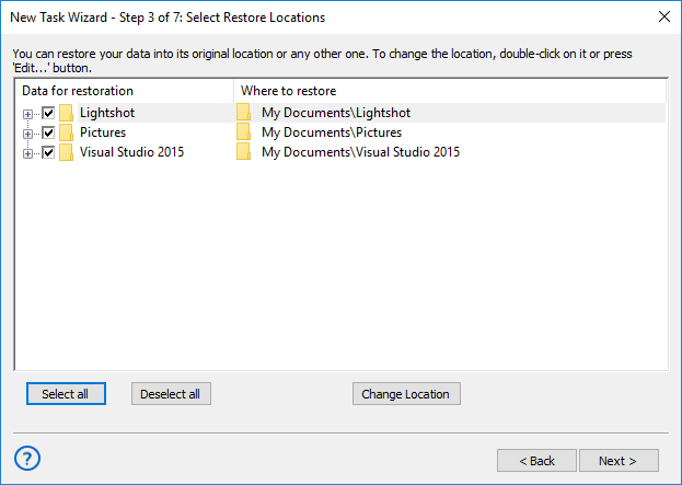 Selecting restore locations for backups made with the User Folders plug-in