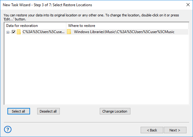 Selecting restore locations for backups made with the Windows Libraries plug-in