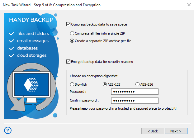 Handy Backup software User Interface. Compression and encryption