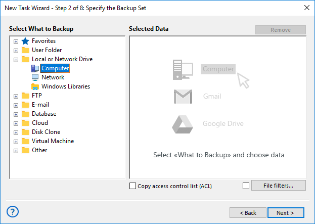Specify Backup Set: Local or Network Drives