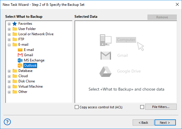 Adding the Outlook plug-in to backup set