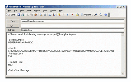 Registration letter screenshot Registering Handy Backup by e-mail