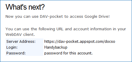 Using DAV-pocket to access Google Drive over WebDAV