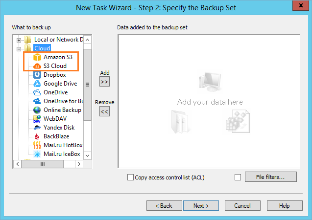 Specify backup set Amazon S3