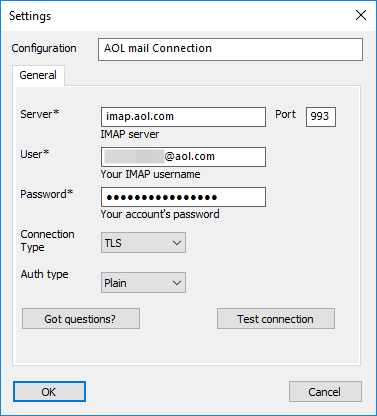 Create AOL email connection for mail backup