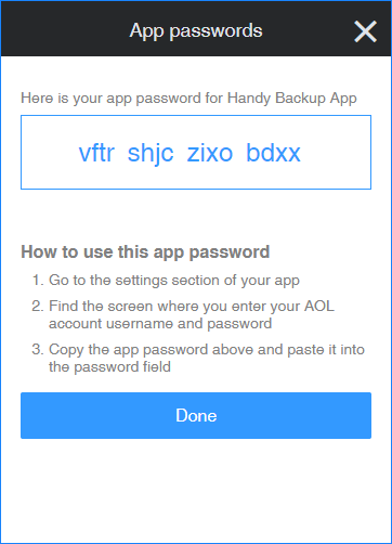 Generate password for aol mail backup with Handy Backup