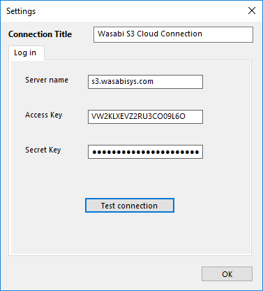 Settings of connection with Wasabi Cloud