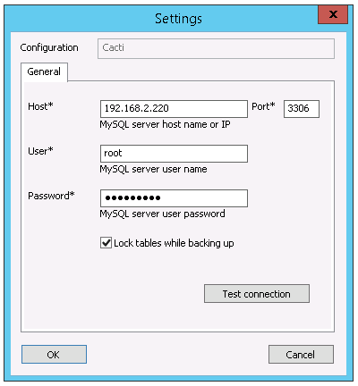 In the MySQL Configuration Dialog Connect with a Cacti Server