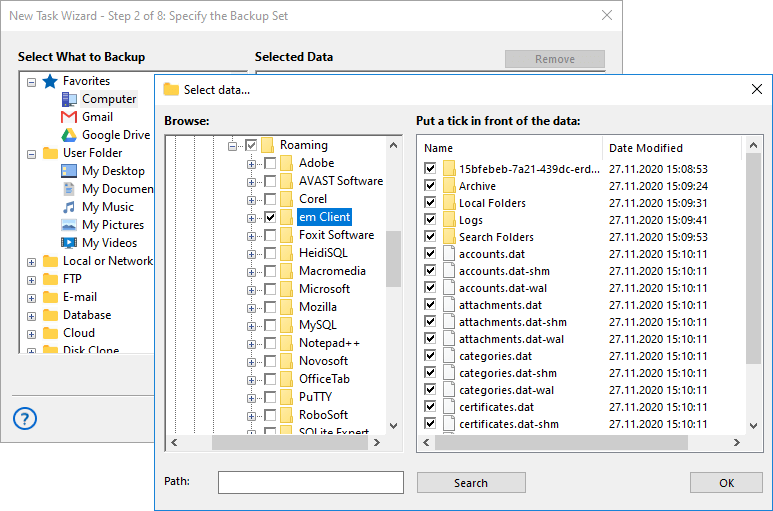 Enter the settings for your eM client backup