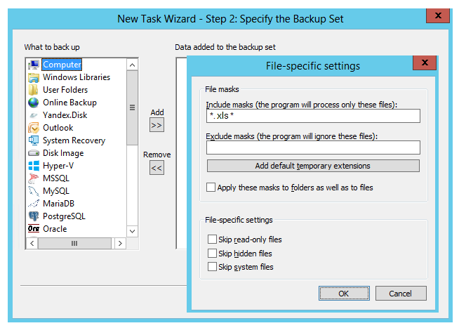 How to backup Excel: file filter selection