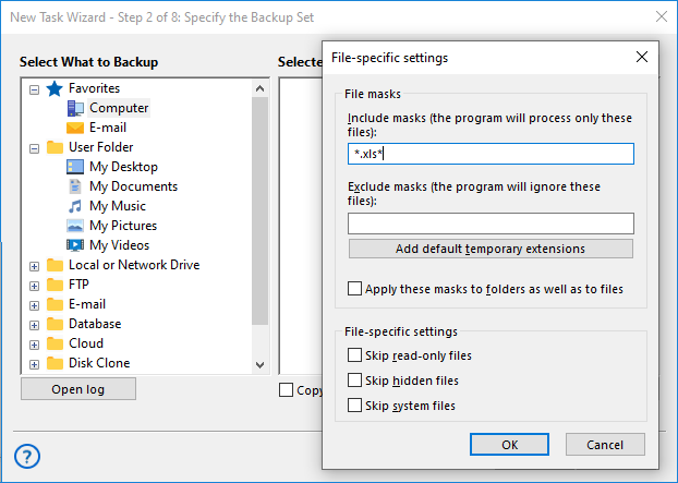 How to backup Excel: file filter selection