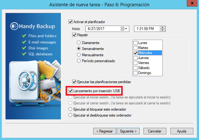 Programación de Tarea de Copia de Seguridad al Conectar un Dispositivo USB