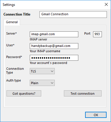 Gmail backup connection parameters