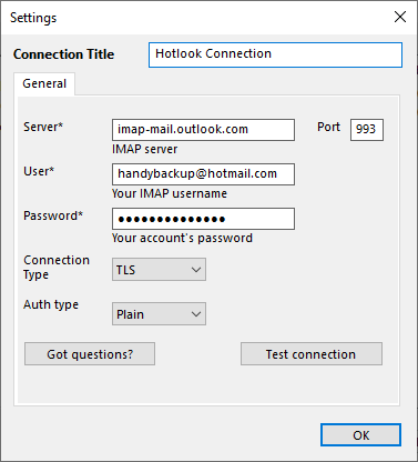 Creating a connection for Hotmail Backup