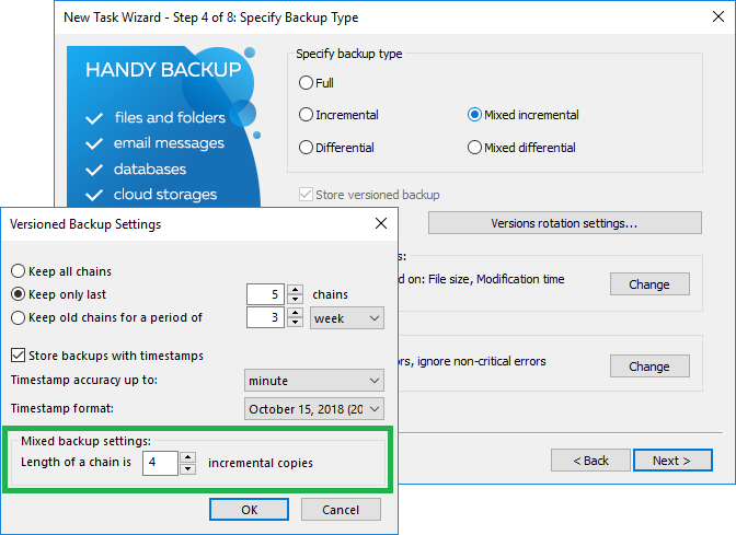 Mixed incremental backup settings