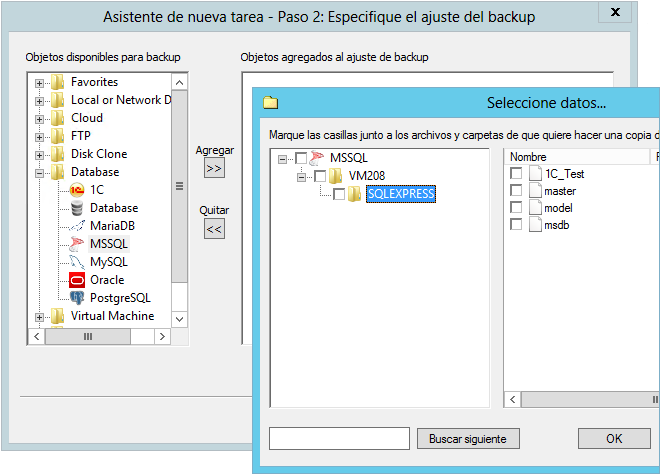 Handy Backup funciona directamente con MS SQL