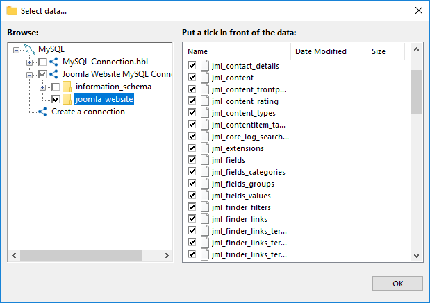 Select Data for Joomla Backup