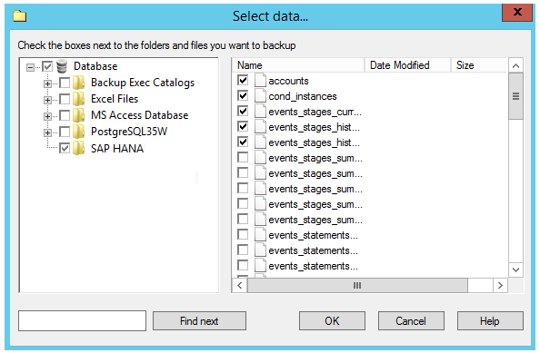 Select SAP HANA DB Backup 