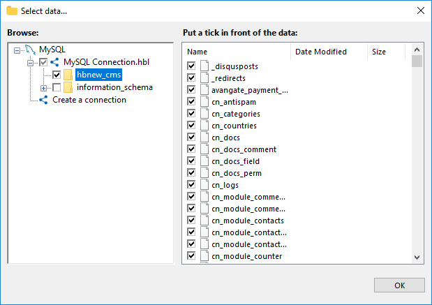 Select database data you want to backup