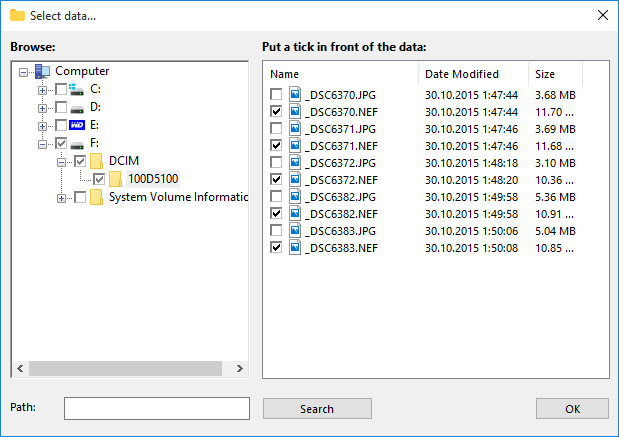 Select RAW files for backup