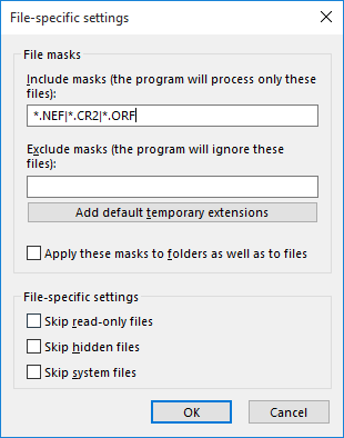 Setting file filters for RAW Photo backup