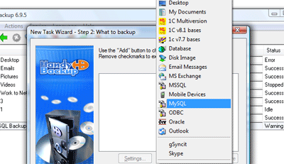 Illustration of selecting MySQL Backup in Handy Backup