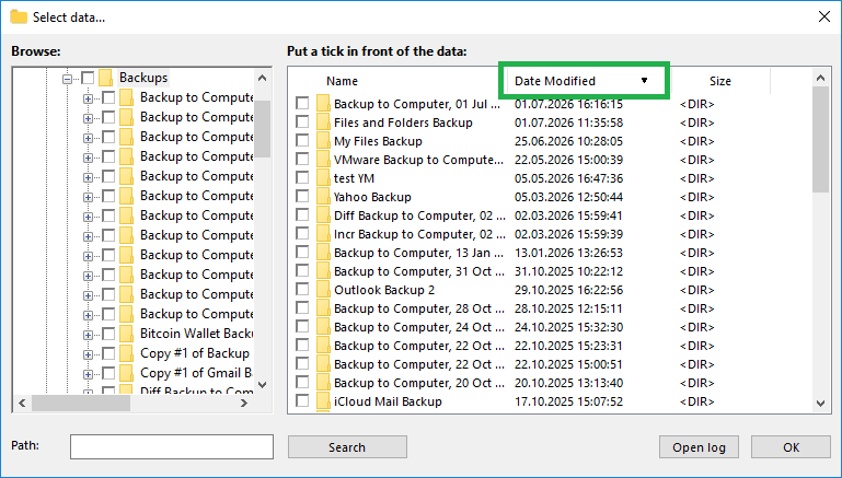 File sorting during backup data selection
