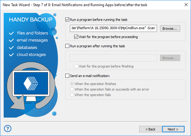 Running Microsoft Defender scan before backup in Handy Backup