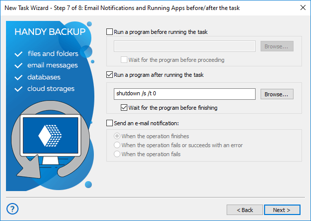 Shutdown of the computer after completing a backup in Handy Backup