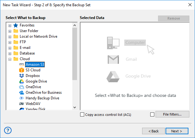 Specify backup set Amazon S3