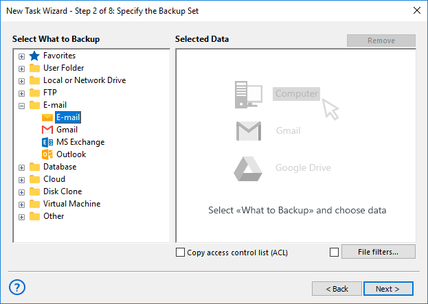Create a backup task to email export
