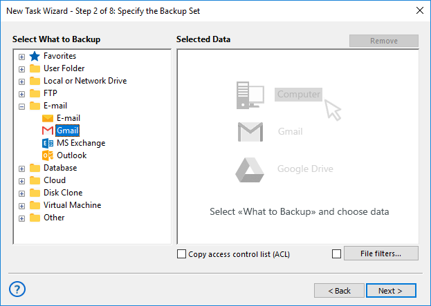 Select Gmail for backup data