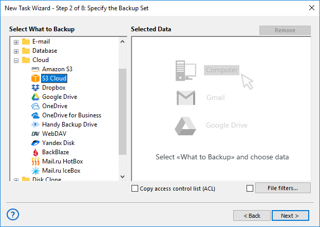 Select S3 for backup cloud data