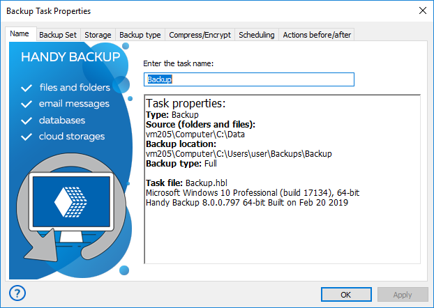 Handy Backup Task Properties