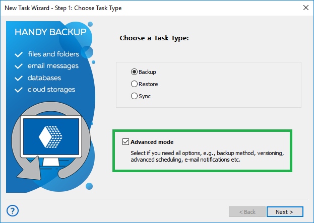 Step 1 - Creating a backup task in advanced mode