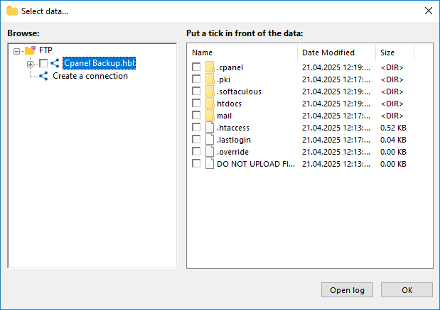 CPanel Backup Files Selection