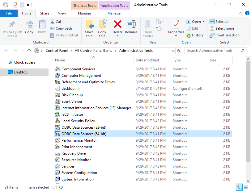 Data Sources Shortcut in Administrative Tools