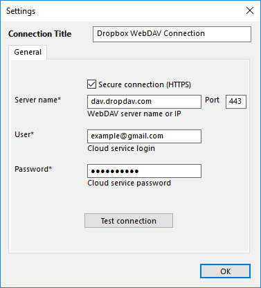 Dropbox WebDAV Sync Settings with Handy Backup