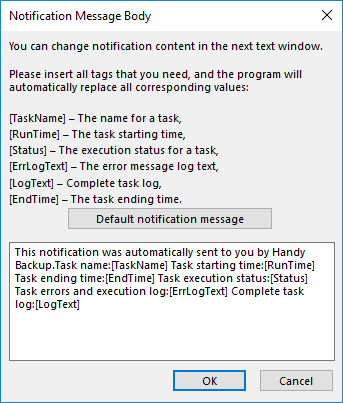 Editing notification message text  in Handy Backup