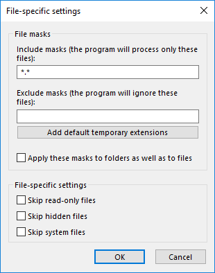 Setting file masks for photo backup