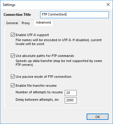 Configuration of the FTP plug-in: Advanced