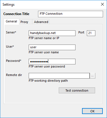 FTP server connection parameters